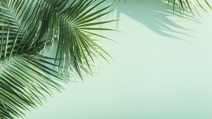 Naklejka premium top view of palm leaves on blue background copy space, Tropical palm leaves from above - flat lay