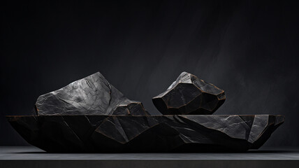 3d rendered black empty Luxury natural stone podium for showing packaging and product on black background, copy space