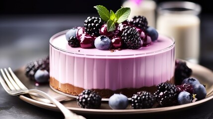 A dessert with berries on top of it on a plate. Valentine's day desserts.