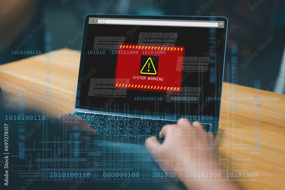 Poster System warning alert, cyberattack on computer network. Cybersecurity vulnerability, data breach, illegal connection, compromised information concept. Malicious software, virus and cybercrime.