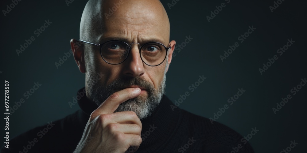 Poster A picture of a bald man with glasses and a beard. Suitable for various professional or casual contexts
