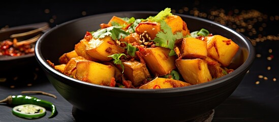 Spicy potatoes in a black bowl on a dark table. Indo-Chinese dish, authentic Asian food, Indian meal.