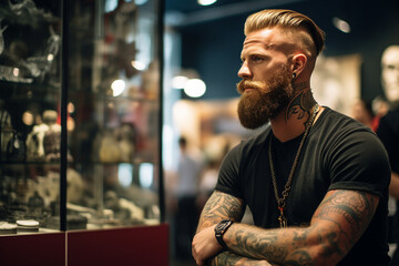 Picture of brutal serious tattooed modern man in pub made with generative ai
