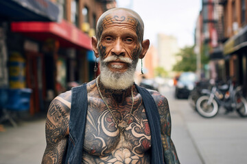 Generative ai close up photography of smiling man with tattoo isolated on urban city landscape