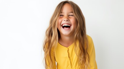 The girl laughs on a white background. AI generated.