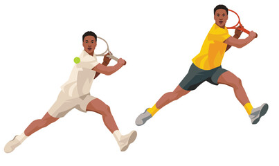Fototapeta na wymiar Two figures of a dark-skinned tennis player who strikes with a racket, holding it with two hands