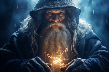 Generative AI image picture of powerful elements wizard practicing ice water air fire magic video game character