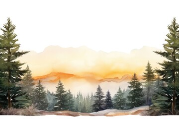 A beautiful watercolor painting of a serene mountain scene with tall pine trees. Perfect for nature enthusiasts and those looking for a calming and peaceful image to use in various projects