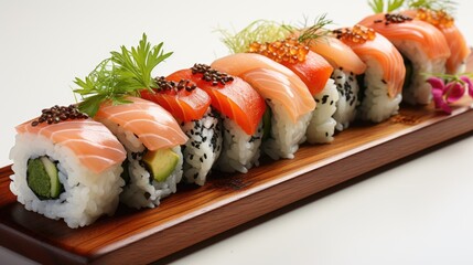 A sushi roll with salmon, avocado, and cucumber.