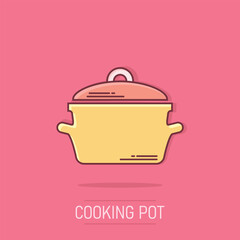 Vector cartoon cooking pan icon in comic style. Kitchen pot concept illustration pictogram. Saucepan equipment business splash effect concept.
