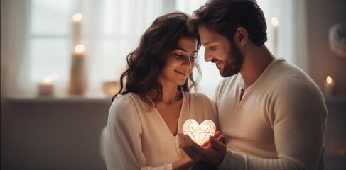  Couple of lovers on Valentine's Day. People, man and woman holding a glowing heart in their hands in a cozy home environment in the bedroom - obrazy, fototapety, plakaty