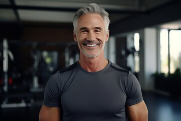 Portrait of smiling senior man looking at camera while standing in gym