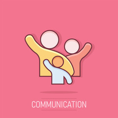 Family greeting with hand up icon in comic style. Person gesture vector cartoon illustration pictogram. People leader business concept splash effect.