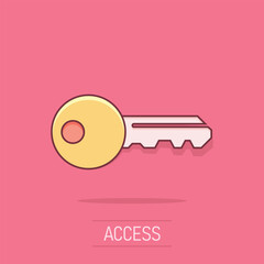 Key icon in comic style. Access login vector cartoon illustration pictogram. Password key business concept splash effect.