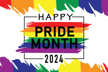 Happy pride month 2024 text with lgbtq+ colors vectors illustration. concept for respecting and supporting the diversity of LGBTQ+ genders in pride month. - obrazy, fototapety, plakaty