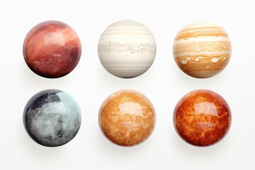 A picture of a group of eight planets on a white surface. Can be used for educational purposes or in science-related projects