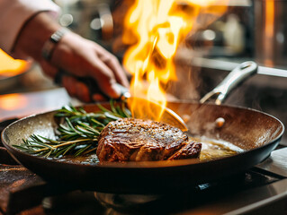 A perfect shot of chef cooking steak in the pan with fire