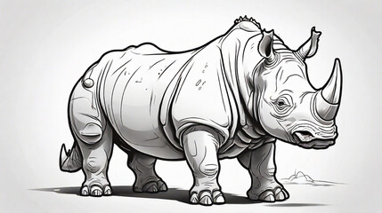 black and white outline art for kids coloring book page on a rhinoceros Coloring pages for kids, clean line art, white background - obrazy, fototapety, plakaty