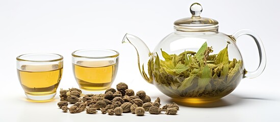 Exotic green tea brewing in a glass teapot with dried balls-buds, set on a white background.