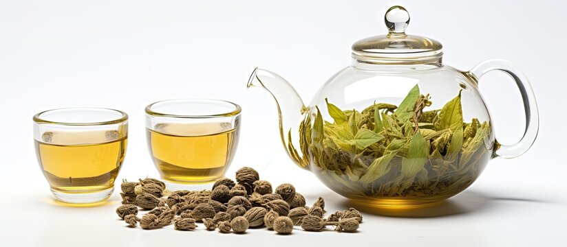 Exotic Green Tea Brewing In A Glass Teapot With Dried Balls-buds, Set On A White Background.