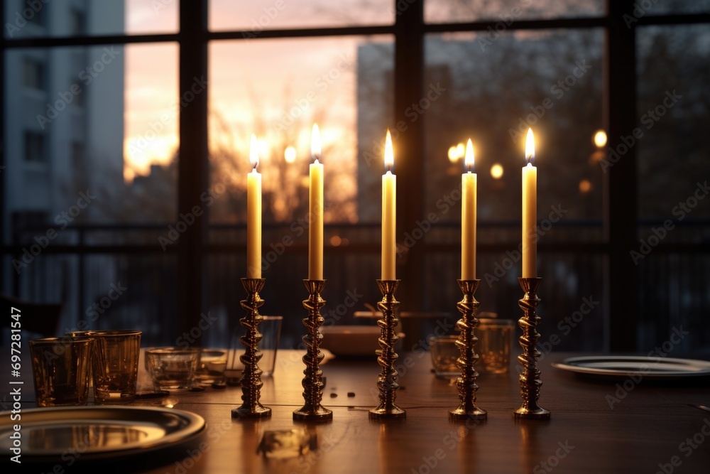 Poster A wooden table with candles placed next to a window. Perfect for adding a cozy and warm atmosphere to any space