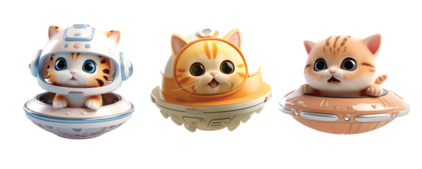 3D Cute Cat in UFO Toy Isolated On Transparent Background