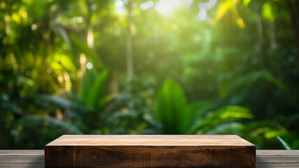 wooden product display podium with blurred nature leaves background Minimal scene for product display presentation