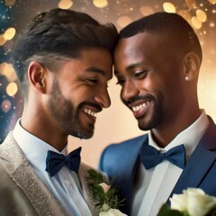 Beautiful Gay Wedding Couple, Dressed up in Romantic Environment holding a Wedding Bouquet.