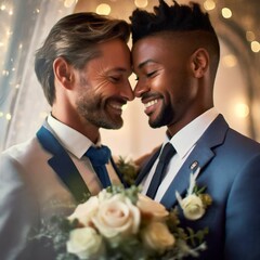 Beautiful Gay Wedding Couple, Dressed up in Romantic Environment holding a Wedding Bouquet.