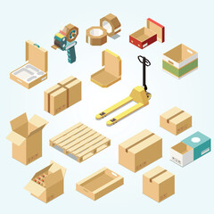 isometric set with cardboard boxes various kinds goods products isolated 3d