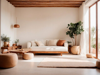 Interior architecture of a room in a typical white Ibiza house, featuring furniture and natural decoration with wicker and wood