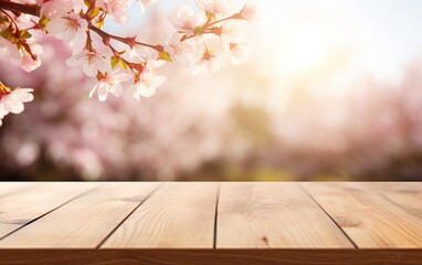 Naklejka na ściany i meble Empty wood table top with blurred Cherry blossoms and soft sun light in garden background