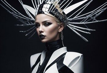 A beautiful blonde female pop artist, colors only black and white sleek futuristic outfit, with...