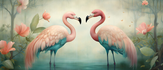 Two flamingos amidst tropical flora - obrazy, fototapety, plakaty