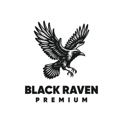 vector logo black raven fly isolated on white