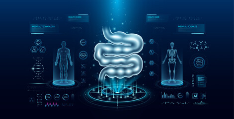 Small intestine health care technology with scan virtual interface hologram style. X ray and MRT human body examination. Medical diagnostic with HUD, GUI. Analysis in futuristic laboratory. Vector. - obrazy, fototapety, plakaty