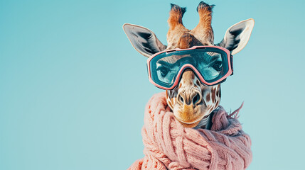 Close up portrait of a giraffe wearing ski goggles and a scarf on sky background. Concept of winter sports and skiing. Pastel colors, pink and blue. Copy space - obrazy, fototapety, plakaty