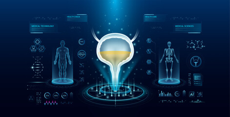 Bladder health care technology with scan virtual interface hologram style. X ray and MRT human body examination. Medical diagnostic with HUD, UI, GUI. Analysis in futuristic laboratory. Vector EPS10. - obrazy, fototapety, plakaty