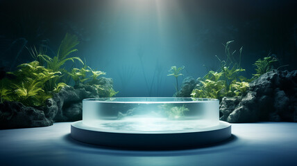 3d rendered abstract empty display podium underwater made with stone Minimal scene for product display presentation - obrazy, fototapety, plakaty