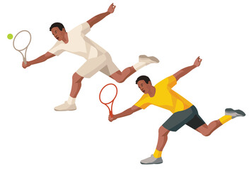 Fototapeta na wymiar Dark-skinned handball tennis player in a white and yellow sportswear in profile who run forward to hit the ball