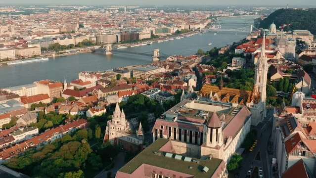 Aerial shot of Matthias Church and Fisherman's Bastion, Budapest, Hungary