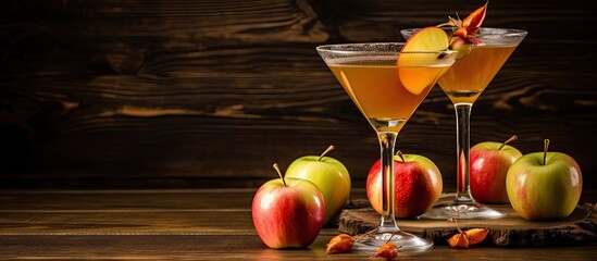 Caramel apple martini with ripe apples on wooden table. - obrazy, fototapety, plakaty