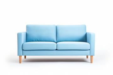 a blue couch with a wooden legs and a blue cushion