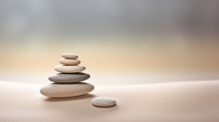 A pile of rocks sitting on top of a sandy beach. Zen pyramid, stack of pebbles on sand with wind patterns, calm neutral background.