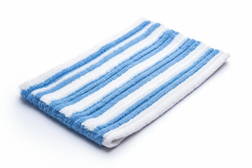 a blue and white striped towel on a white surface
