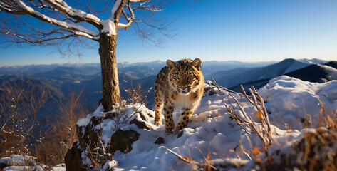 Amur Leopard on the rocks looking out at a deep, leopard in the snow - obrazy, fototapety, plakaty