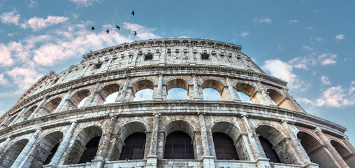 Rome. Empty Colosseum square in Rome dawn view, the most famous landmark of eternal city, capital...