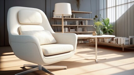 Soft designer chair with a minimalist style, room in light colors