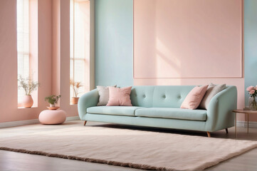 Sofa in a room with a window, in pastel colors