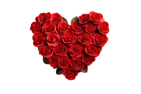 beautiful roses arranged in love shape on an isolated transparent background